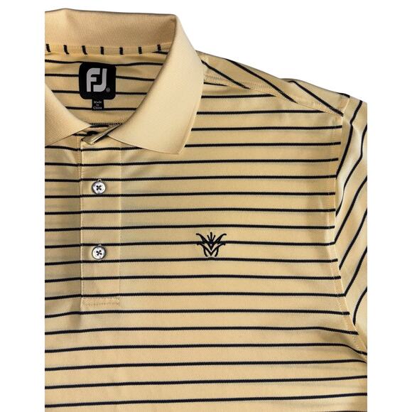 FJ Footjoy Men's Polo Shirt Medium Yellow Navy Stripe Unknown Golf Course Logo - Picture 4 of 12